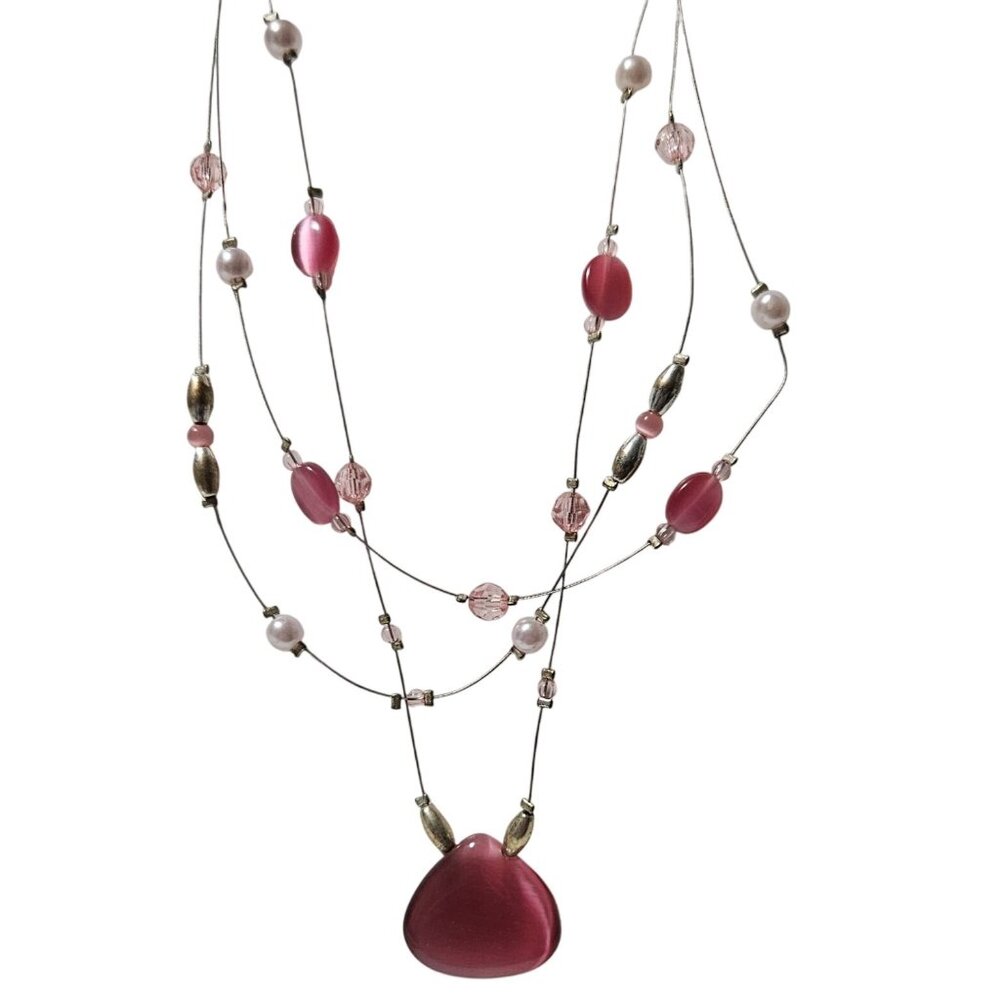 Elegant Pink Beaded Necklace Pink Pendant Multi Layered Statement Jewelry Women